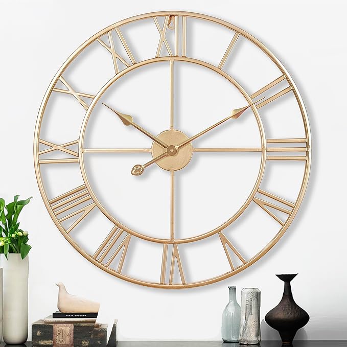 CLXEAST Champagne Gold Metal Wall Clock, Large Roman Numeral 24 Inch Wall Clocks for Living Room Decor,House Warming Gifts New Home-Ruum Studio Home
