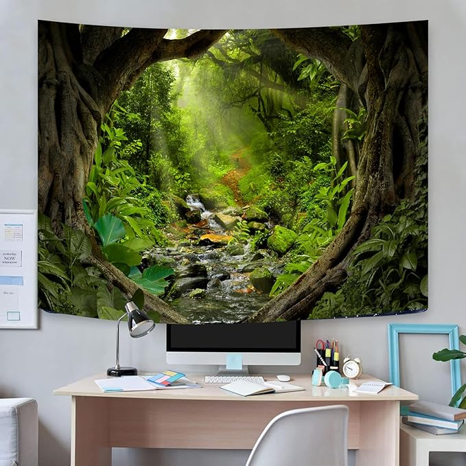 Misty Forest Tree Cave Tapestry Nature Green Tapestry Enchanted Rainforest Tropical Jungle Sunshine Flowing Stream Landscape Wall Tapestries for Living Room Bedroom Dorm Office (50" × 60")-Ruum Studio Home