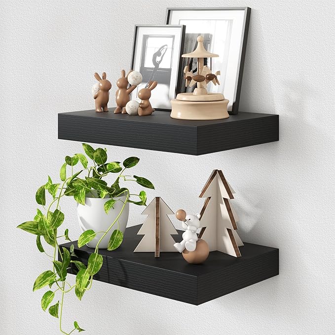 Black Deep Floating Shelves for Wall | 16 Inch Wide x 12 Inch Deep Floating Shelves Set of 2 | Rustic Wood Wide Wall Shelves | Bookshelf Laundry Shelf TV Shelf-Ruum Studio Home