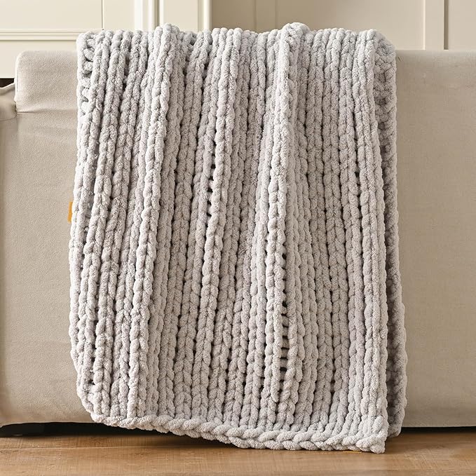 Esterra Chunky Knit Blanket Throw 60"x80", 100% Hand Knitted Chenille Throw Blanket, Cozy Soft Thick Cable Knit Throw Large Rope Knot Crochet Throw Blanket for Sofa Couch Bed, Light Gray-Ruum Studio Home
