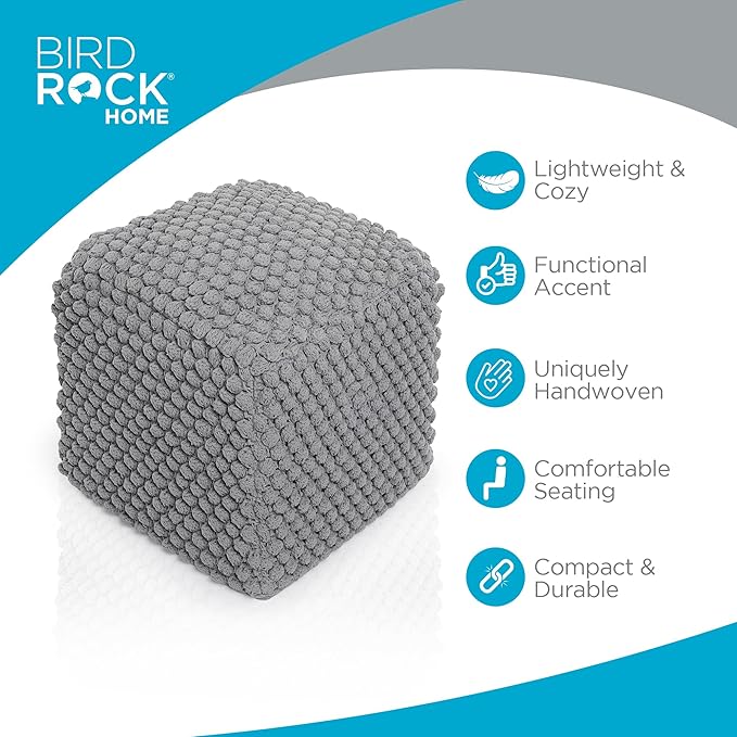 BIRDROCK HOME Buds Pouf Foot Stool Ottoman - Knit Bean Bag Floor Chair - Cotton Braided Cord - Great for The Living Room, Bedroom and Kids Room - Small Furniture (Grey - Buds)-Ruum Studio Home