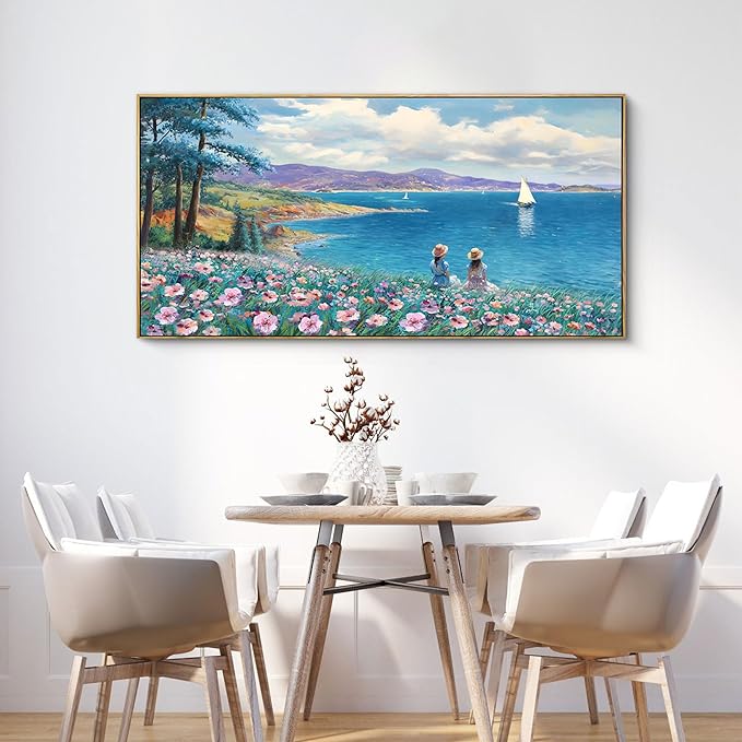 XLSJERST Large Landscape Wall Art - Blue Ocean Pink Flower Sailboat Mountain Tree Decor Orange Frame Artwork for Wall Large Picture for Living Room Bedroom Home Office Wall Decoration Size 24x48-Ruum Studio Home