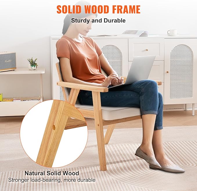 VEVOR Mid Century Modern Rattan Chair, Upholstered Velvet Accent Chair with Rattan Back, Retro Living Room Chair for Living Room, Bedroom, Reading Room, and Office, Beige-Ruum Studio Home
