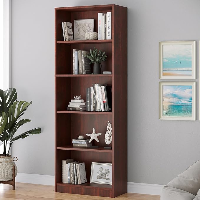 Bookshelf, Open Modern Bookshelf, 5 Shelf Bookcase with Freestanding Display Storage, Wooden Book Shelf for Bedroom, Living Room, Dinning Room, Office,Brown-Ruum Studio Home