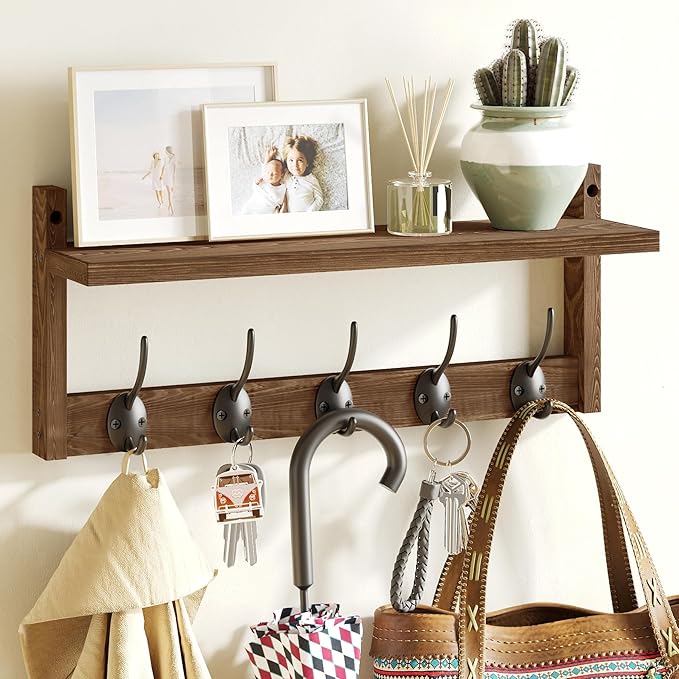 AMBIRD Wall Hooks with Shelf - Wooden Entryway Organizer with 5 Dual Hooks, Retro Wall-Mounted Coat Hook Rack for Bathroom, Living Room, Bedroom (17.12 Inch)-Ruum Studio Home