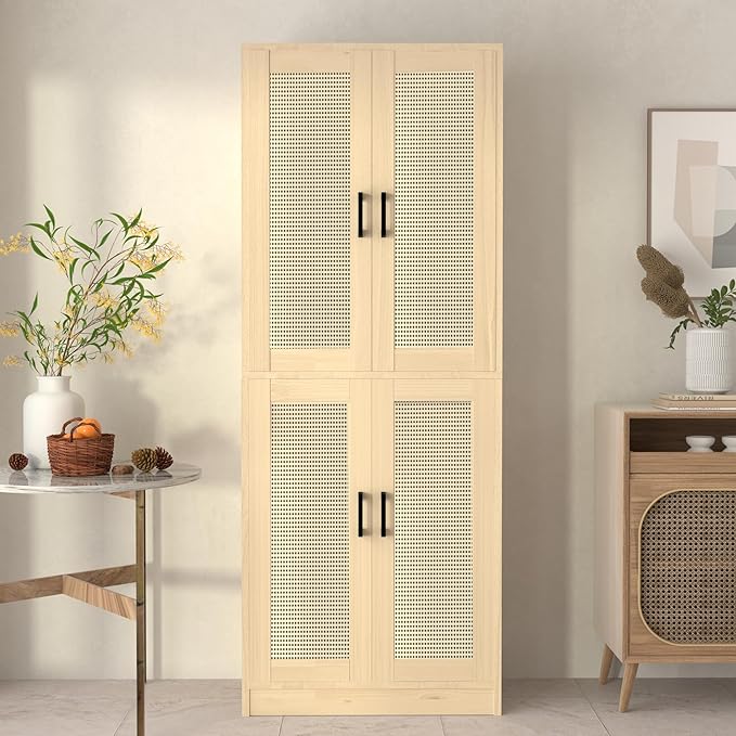 Oak Rattan Kitchen Pantry, 71" Tall Storage Cabinet with Doors, Boho Hutch for Dining Room-Ruum Studio Home
