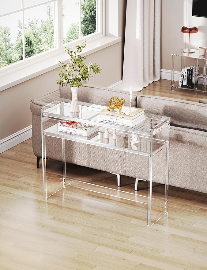 Acrylic Console Table, Entryway Table with Storage Shelves (1, 39.4 * 31.5 * 11.7) (Clear)-Ruum Studio Home