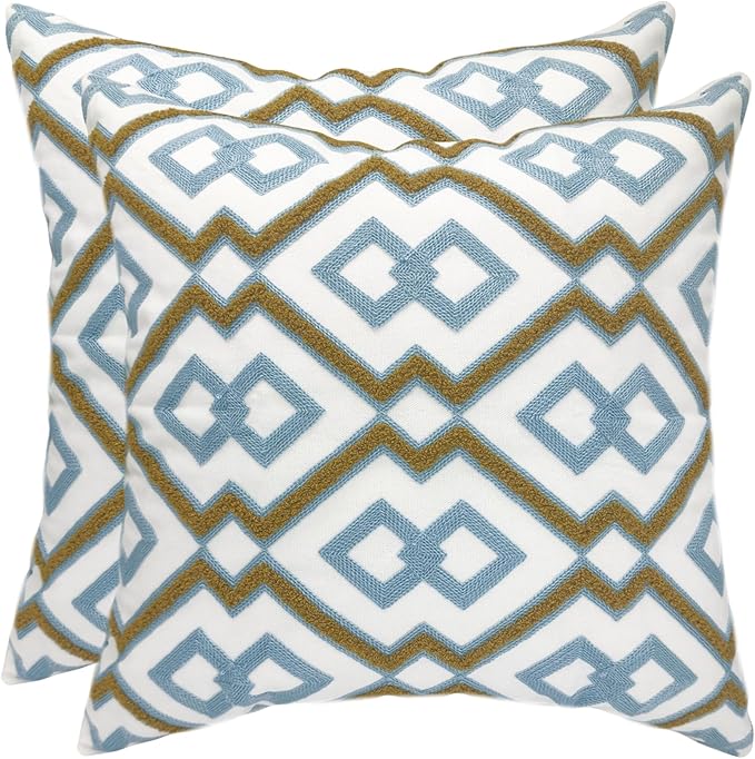 Alysheer Embroidered Decorative Throw Pillow Cover 18"x 18" Set of 2, Classic Boho Geometric Embroidery Pattern Cotton Rectangular Cushion Case for Sofa Couch Living Room Bedroom (Blue Khaki)-Ruum Studio Home