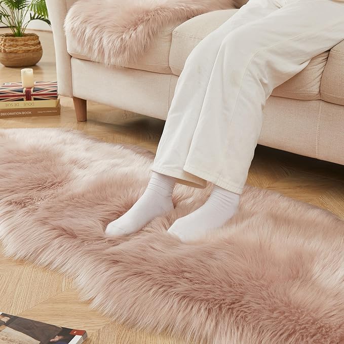 AMTOVO Faux Sheepskin Rug, Pink Ultra Soft Fluffy Shag Area Rug, 2 x 6 ft Faux Fur Rug for Bedroom Sofa Throw Cushion Room Decor, Sheepskin-Ruum Studio Home