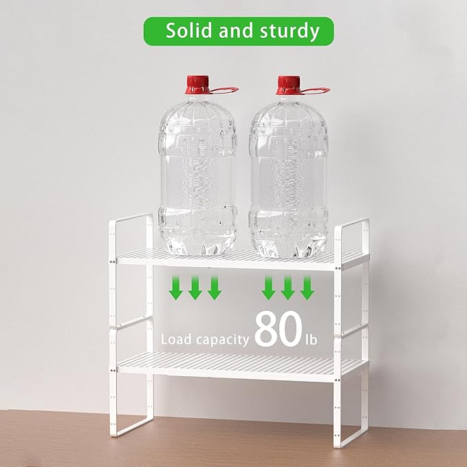 Expandable Cabinet Storage Shelf Stackable Organizer Rack for Kitchen Bathroom Pantry Spice Cupboard Coffee Countertop Home Office Desk Heavy Duty Nonslip White Large 2 Packs-Ruum Studio Home