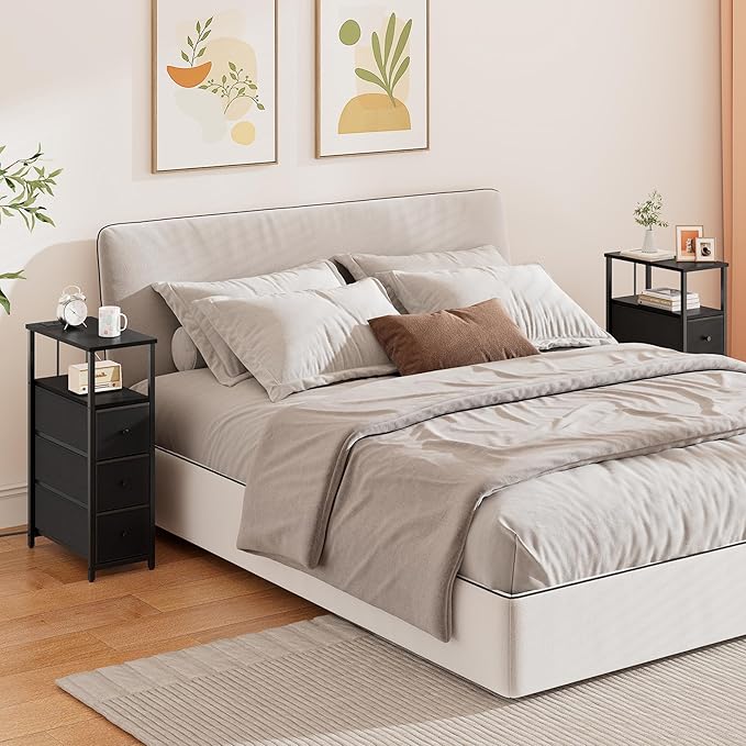 TUTOTAK Narrow Night Stand with Charging Station, Slim End Table with Plugins, Tall Side Table with 3 Fabric Drawer, Small Bedside Table with Storage, Living Room, Bedroom, Black TB01BK086-Ruum Studio Home