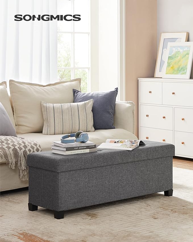 SONGMICS Storage Ottoman Bench, Foldable Foot Rest with Legs, 15 x 43 x 15.7 Inches, End of Bed Bench, Storage Chest, Load up to 660 lb, for Living Room, Bedroom, Entryway, Slate Gray ULSF018G01-Ruum Studio Home
