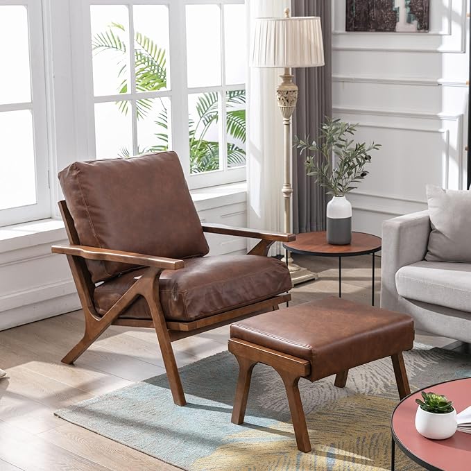 Brown Leather Accent Chair and Ottoman, Mid Century Modern Arm Chair, Retro Upholstered Armchair with Wood Frame & Removable PU Cushions, Large Leisure Slipper Chair for Living Room/Bedroom, Set of 2-Ruum Studio Home