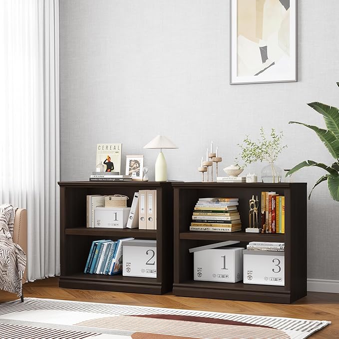 Bookcase, Open Storage Book Cases/Shelves, Floor Standing Indoor Furniture 2 Shelf Book case for Farmhouse Library Office Bedroom Kids, Dark Cherry - 2 Tier-Ruum Studio Home
