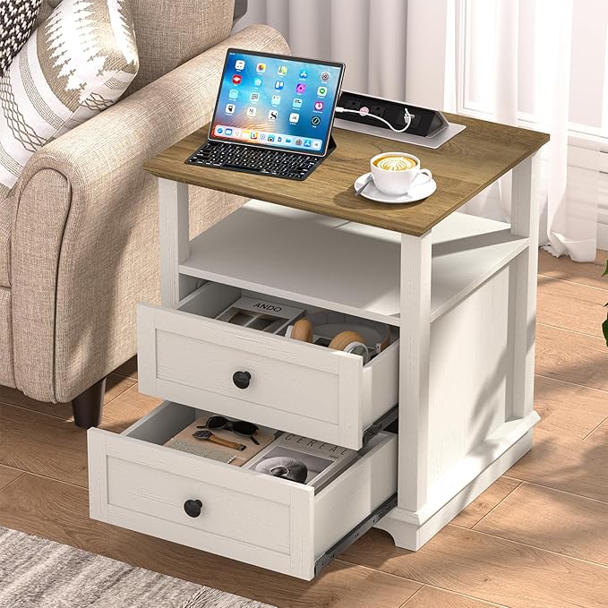 HIFYOBRO End Table with Flip Top Charging Station and 2 Drawers, Type-C & USB Port & Power outlets, Wooden Storage Cabinet, Large Side Table with Storage for Living Room and Bedroom (White)-Ruum Studio Home