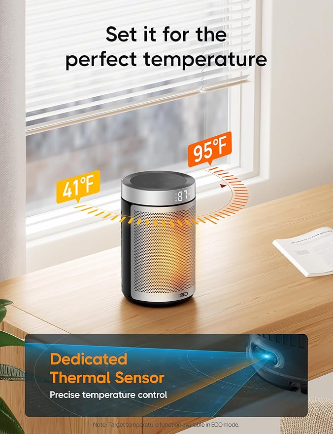 Dreo Space Heater, Portable Electric Heaters for Indoor Use with Thermostat, 1-12H Timer, Eco and Fan Mode, 1500W PTC Ceramic Safety Heat for Office Bedroom Home, With Remote, Silver-Ruum Studio Home