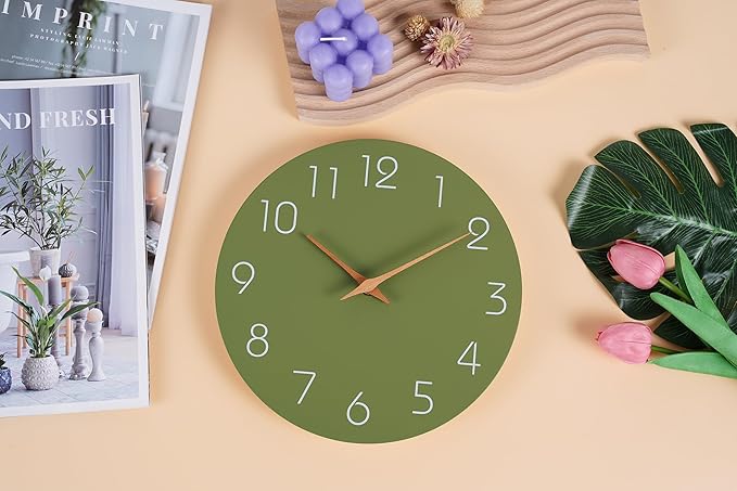 Mosewa Modern Wall Clock Silent Non-Ticking 14 Inch Olive Green Battery Operated Simple Minimalist for Living Room Office Bedrooms Kitchen Home Decor-Ruum Studio Home