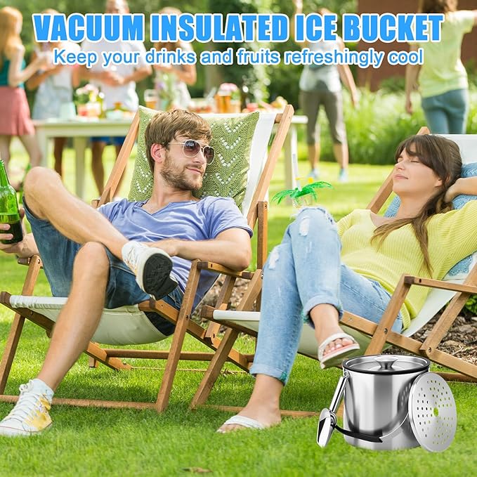 meekoo 4 L Double Wall Insulated Stainless Steel Ice Bucket with Lid, Scoop, Strainer, Handle Large Wine Ice Bucket Upgraded Cover Keep Frozen Longer for Cocktail Bar Parties(Silver)-Ruum Studio Home