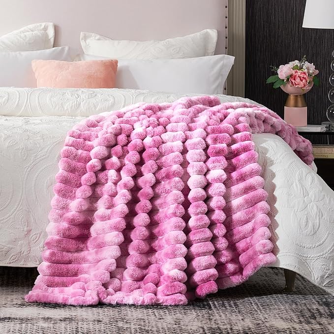 Cozy Bliss Faux Fur Throw Blanket for Couch, Cozy Warm Plush Striped Blanket for Sofa Bedroom Living Room,50 * 60 Inches Tie-dye Pink-Ruum Studio Home