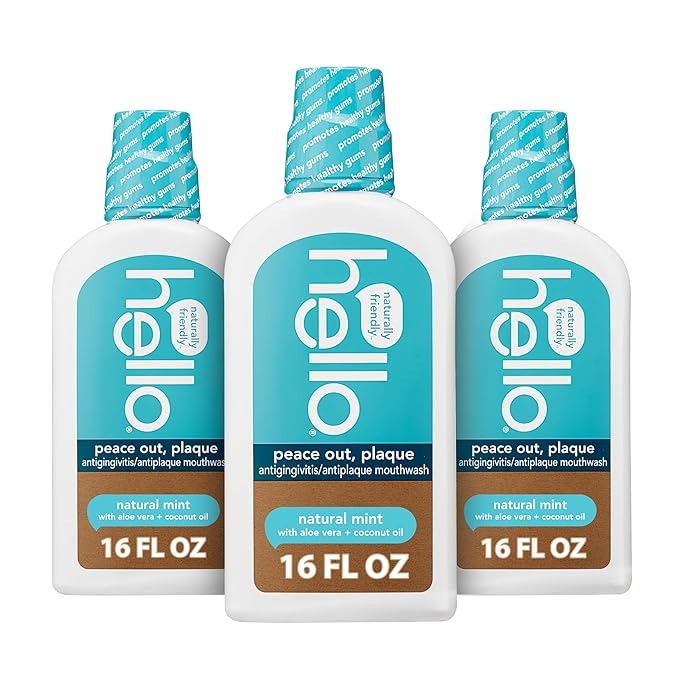 Hello Peace Out Plaque, Antigingivitis Alcohol Free Mouthwash, Natural Mint with Aloe Vera and Coconut Oil, Fluoride Free, Vegan, SLS Free and Gluten Free, 16 Ounce (Pack of 3)-Ruum Studio Home
