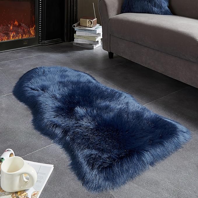 AMTOVO Faux Fur Rug, Dark Blue Area Rug, Fluffy Sheepskin Rug, Fuzzy Ultra Soft 2 x 4 ft Shag Rugs for Bedroom Sofa Throw Cushion Room Decor, Sheepskin-Ruum Studio Home