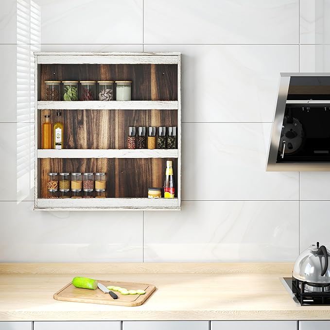 Nisorpa 3 Tier Spice Rack Wall Mount, Rustic Burnt Wood Wall Hanging Spice Rack Kitchen Spice Shelf Organizer for Seasoning Jars or Condiment Bottles, 19.68 x 3.35 x 21.25 Inches-Ruum Studio Home