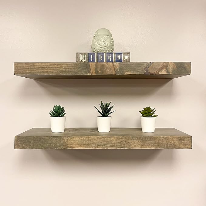 URBANDI, Rustic Floating Shelves, Set of 2, Hidden Bracket, Solid Wood, Heavy Duty, Wall Mounted Shelves, (Grey, 12Wx12D)-Ruum Studio Home