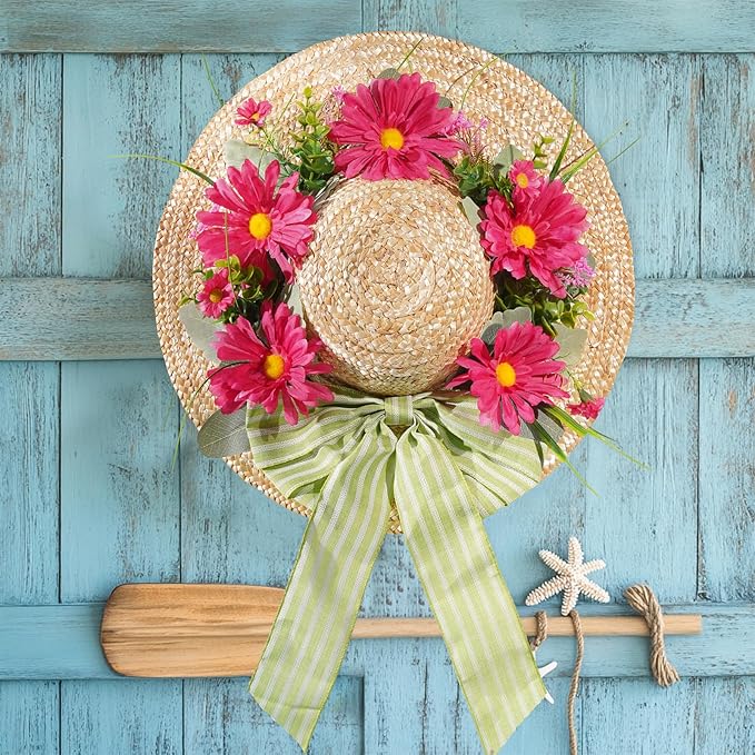 Dilicoming Spring Wreaths for Front Door - 16 Inch Spring Summer Hat Wreath with Artificial Flower, Gift for Women, Indoor Outdoor Wreaths for Wall, Window, Farmhouse, Party, Holiday Home Décor-Ruum Studio Home