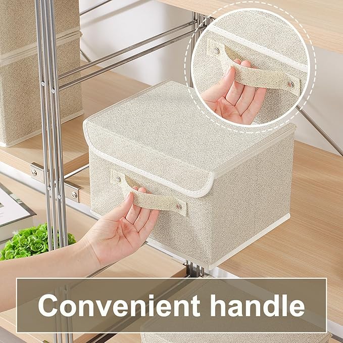 Storage Boxes, Collapsible Storage Bins with Lids, Cotton and linen cloth Storage Baskets with Handle, for Books, Closet, Bedroom, Home, 10.2x7.9x6.7 in, Grey and Beige-Ruum Studio Home