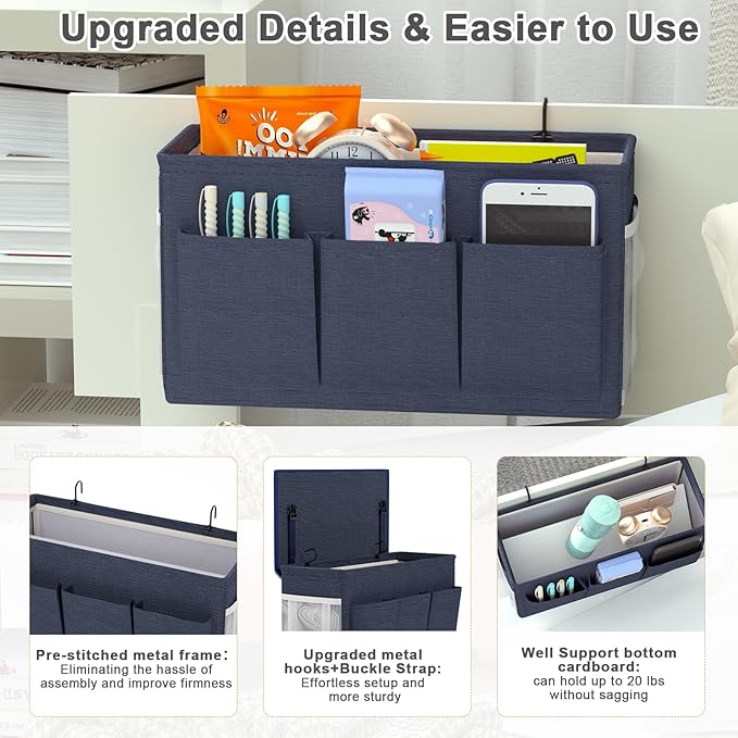 Dual-purpose Bedside Caddy Bedside Organizer, Bed Caddy with 6 Pockets, Versatile Bedside Storage Solution Magazine Remotes holder, ideal for Home, Dorm, Hospital, Crib Bed (Navy)-Ruum Studio Home