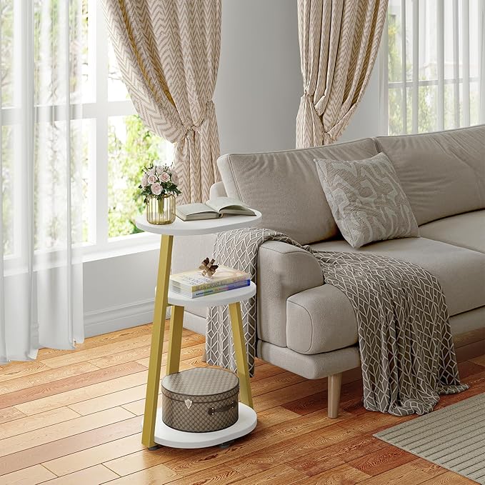 Side Table, Small End Table with Metal Frame, 3-Tier Bedside Tables, Round Side Tables for Living Room Bedroom Couch Bathroom, Oval, White-Ruum Studio Home