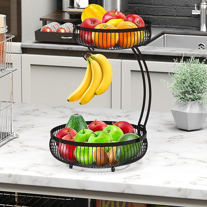 Simple Houseware 2-Tier Countertop Fruit Basket with Banana Hanger, Black-Ruum Studio Home