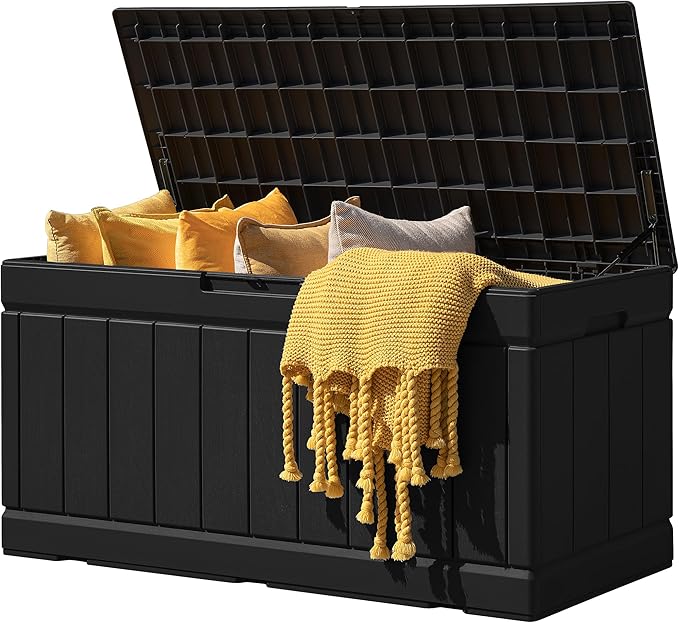 JUMMICO 83 Gallon Outdoor Deck Box Large Resin Storage Box for Patio Furniture Cushions and Garden Tools (Black)-Ruum Studio Home