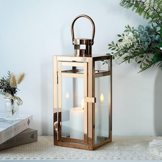 TRIROCKS Stainless Steel Decorative Lantern 12'' High Metal Candle Holder with Clear Glass Panels Perfect for Home Decor Living Room Parties Events Tabletop Indoors Outdoors (Rose Gold)-Ruum Studio Home