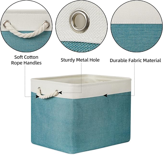 Bidtakay Foldable Storage Bins Set of 2 Tall Cloth Baskets 16" X 11.8" X 11.8" Decorative Organizers for Linen Closet (White & Teal)-Ruum Studio Home