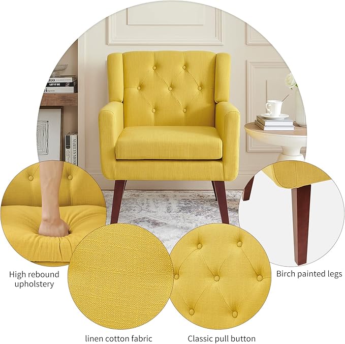 Accent Chair Button-Tufted Upholstered Living Room Chairs Comfy Reading Chair Mid Century Modern Chair with Linen Fabric Lounge Arm Chairs for Living Room Bedroom (Yellow Set of 2)-Ruum Studio Home