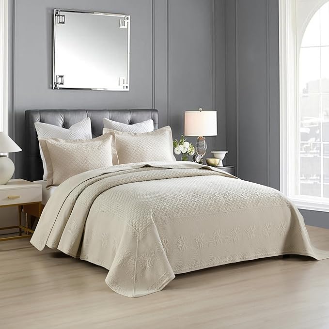 MarCielo 3-Piece 100% Cotton Oversized Bedspread Lightweight Quilt Coverlet Embroidery Farmhouse Bedding Set (TM Khaki Beige, Oversized Queen (100"x106"))-Ruum Studio Home
