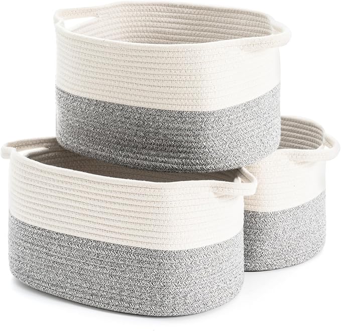 Cotton Rope Woven Storage Basket, Used for Baby Hamper Toy Organizer, Gift Baskets Empty,Kids Laundry Basket,Baby Blanket Basket. Size 15x10x8.7 Inches. (White&Grey-3PCS)-Ruum Studio Home