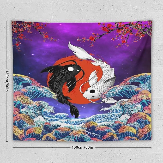 Houselerax Japanese Koi Fish Tapestry, Yin Yang Big Wave Cherry Blossom Tapestries Wall Hanging for Bedroom Living Room Office Decor 60"x50"-Ruum Studio Home