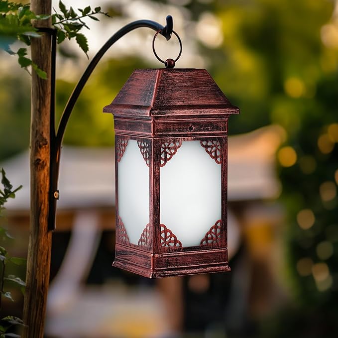 14" Solar Lanterns Outdoor Waterproof, Glass Flickering Flame Solar Lantern, Hanging Metal Lantern Decorative for Patio Front Porch Garden Backyard Tabletop Party Decoration-Ruum Studio Home