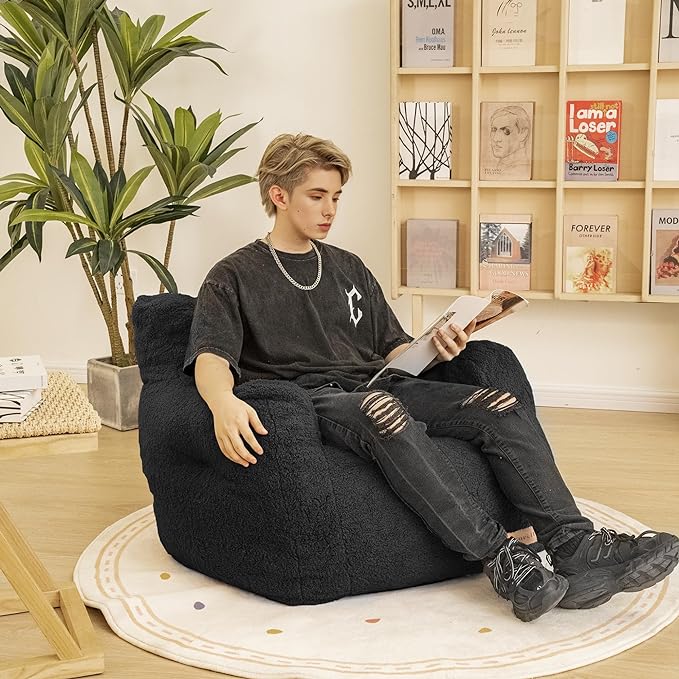Bean Bag Chair with Filler, Bean Bag Sofa with Tufted Soft Stuffed Filling, Fluffy and Lazy Sofa, Comfy Cozy BeanBag Chairs with Memory Foam for Dorm, Apartment, Living Room (Black)-Ruum Studio Home