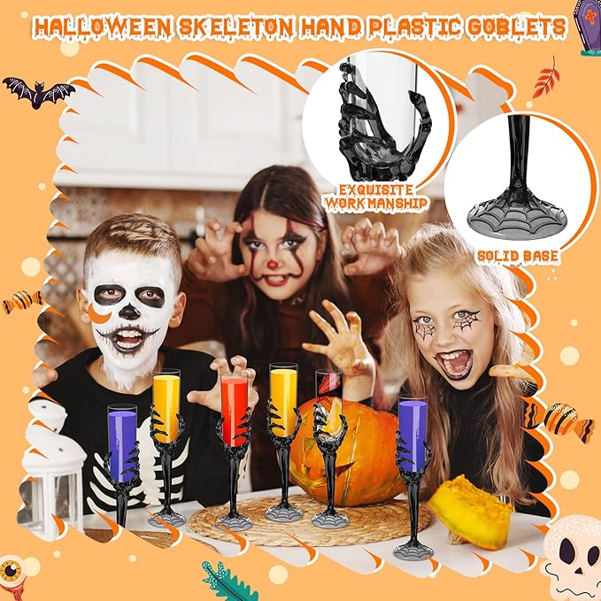 Bokon 48 Pcs Halloween Champagne Flutes Bulk Plastic Stemware Halloween Skeleton Hand Plastic Goblets Creepy Champagne Flute for Party Decoration(Black)-Ruum Studio Home