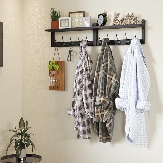 AMBIRD 34.2" Extra Long Wooden Wall Hook Rack with Shelf - Versatile and Decorative Wall-Mounted Storage with 10 Hooks for Coats, Hats, Keys, Scarves - Ideal for Entryways, Bedrooms, Closets (Black)-Ruum Studio Home