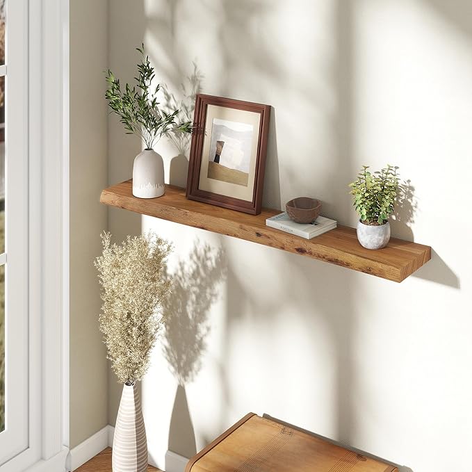 Fun Memories 48" Floating Shelves for Wall, Live Edge Solid Elm Wood Floating Shelf with Invisible Bracket, Wall Mounted Display Wooden Shelves for Bathroom, Kitchen, Bedroom, Natural Color, Set of 1-Ruum Studio Home