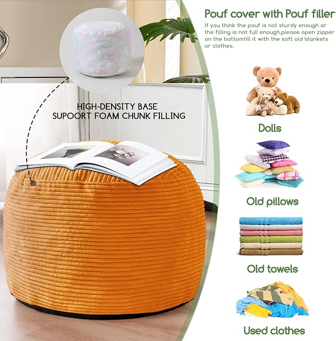 HIGOGOGO Round Stuffed Pouf Ottoman, Corduroy Poufs with Foam Chunk Filling, Furry and Fluffy Pouf Foot Stool Storage Ottoman, 26 X 18 Floor Poufs Foot Rest for Living Room, Orange-Ruum Studio Home