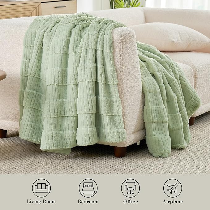 Amélie Home Luxury Striped Faux Fur Throw Blanket for Couch, Embossed Split Fur Cozy Fuzzy Fluffy Luxurious Soft Plush Sofa Chair Bed Gift Blankets for Women Men Wife Friend, 60"x80", Sage Green-Ruum Studio Home