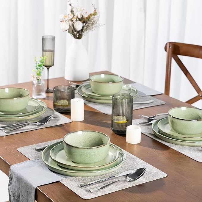 GBHOME Ceramic Dinnerware Sets for 8, 24 Pieces Stoneware Plates and Bowls Sets, Scratch Resistant Dishes, Dishwasher & Microwave Safe-Pastel Green-Ruum Studio Home