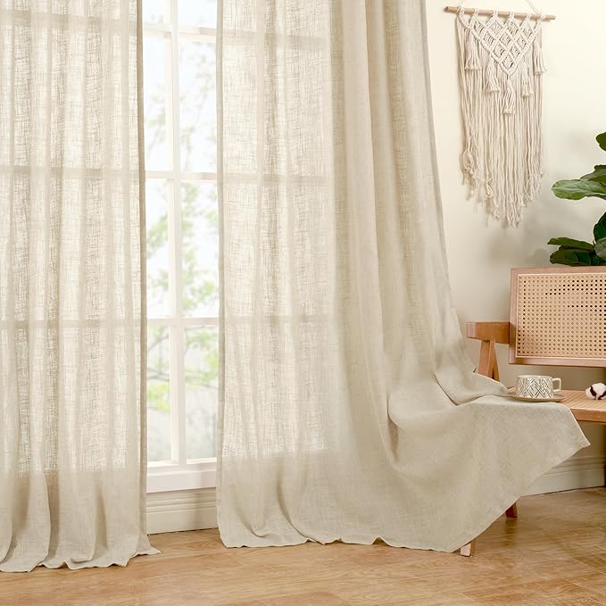 LAMIT Linen Curtains 45 Inch Length 2 Panels Set for Bedroom, Light Filtering Semi Sheer Neutral Short Decorative Window Drapes with Bronze Grommet for Kitchen, 52 X 45 Inch, Linen-Ruum Studio Home