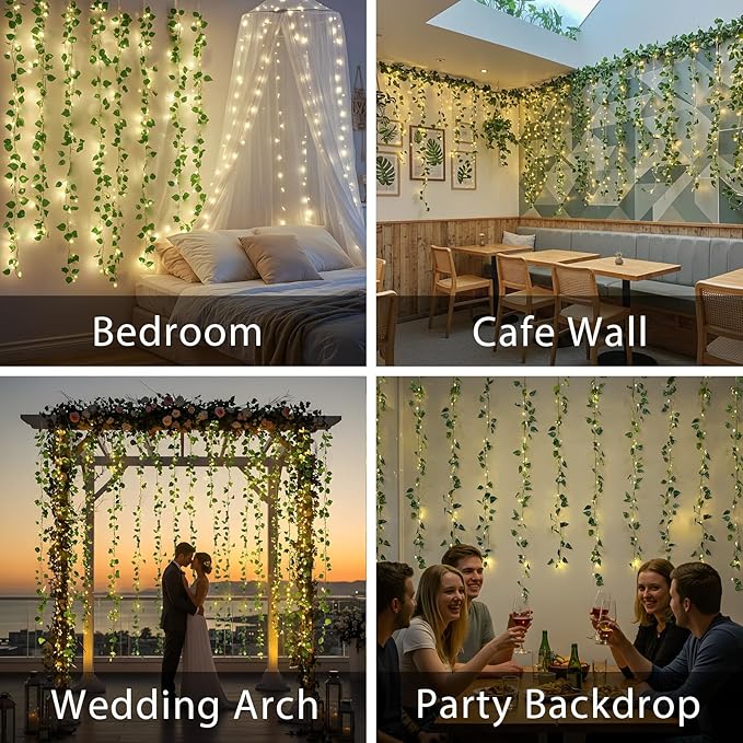 suddus 200 LED Vine with Light Plug in, 6.5ft x 6.5ft Pothos Fairy Curtain Lights with Remote, Leaf Fairy Lights for Wall,Bedroom, Dorm, Wedding, Party, Indoor Decor(Warm White)-Ruum Studio Home