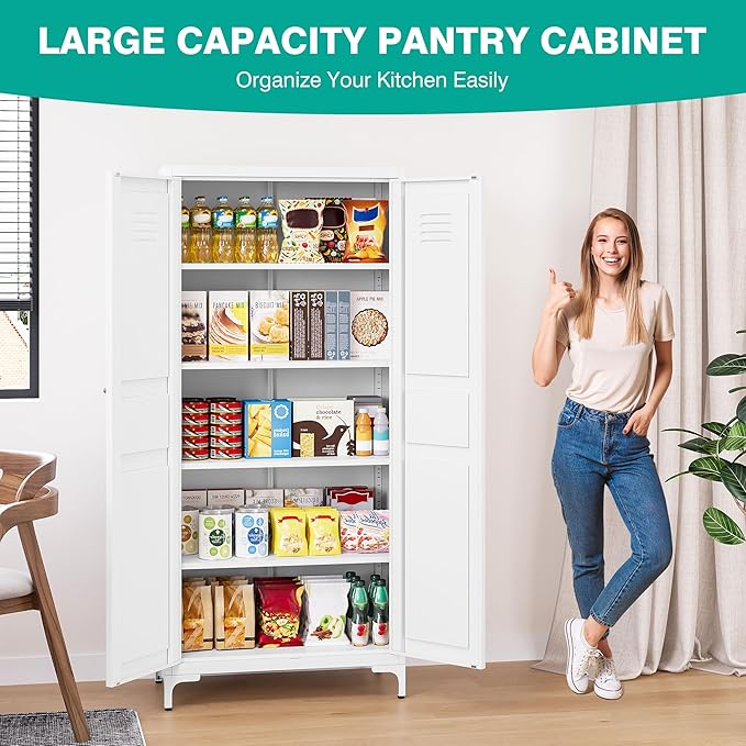 SISESOL Metal Storage Cabinet with Doors and Shelves,White Storage Cabinet with Leg & Vent Hole,Food Pantry Cabinets,5 Tier Metal Pantry,Tall Large Cupboard for Home,Kitchen,Dining/Living/Laundry Room-Ruum Studio Home